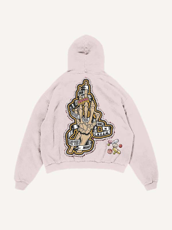 Sudadera con capucha y bolsillos inclinados, desgastada, con estampado de esqueleto inyectable, medicina y letras falsas 