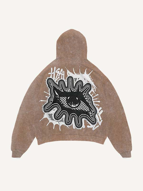 Sudadera con capucha y bolsillos inclinados con estampado de calcomanías falsas de ojos y letras desgastadas 