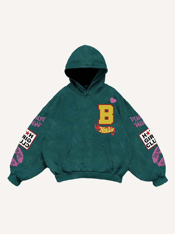 Sudadera con capucha y bolsillos inclinados con estampado de calcomanías falsas de figura, labios, corazón y letras 