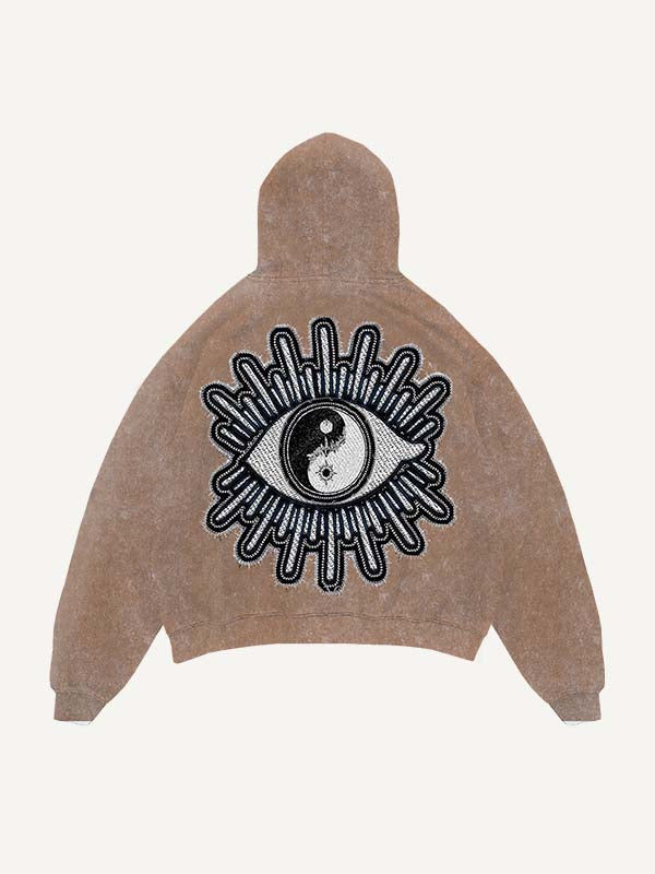 Sudadera con capucha y bolsillos inclinados con estampado gráfico de sol, luna, estrella y ojos, desgastada y lavada 