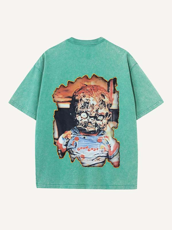 Camiseta de cuello redondo con estampado de terror desgastado y lavado 