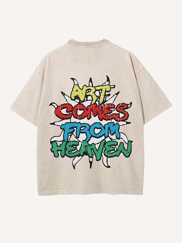 Camiseta de cuello redondo con estampado de letras y sol desgastado y lavado 