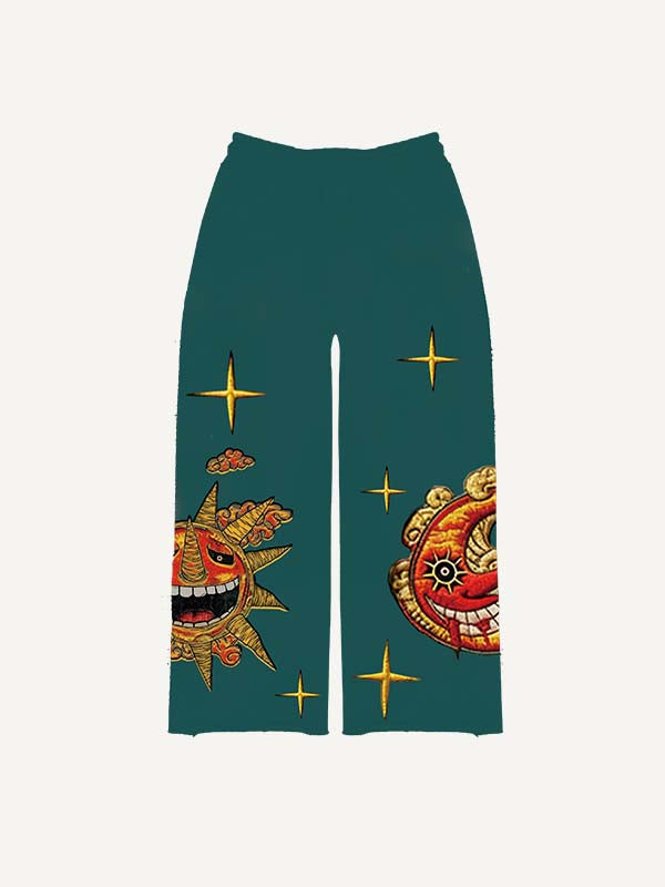 Pantalones con cintura elástica y estampado de calcomanías falsas de sol, luna, estrellas y nubes malvados 