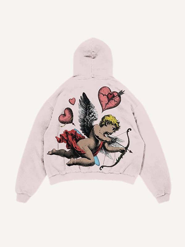 Sudadera con capucha y bolsillos inclinados con estampado de Cupido y Corazón desgastado y lavado 