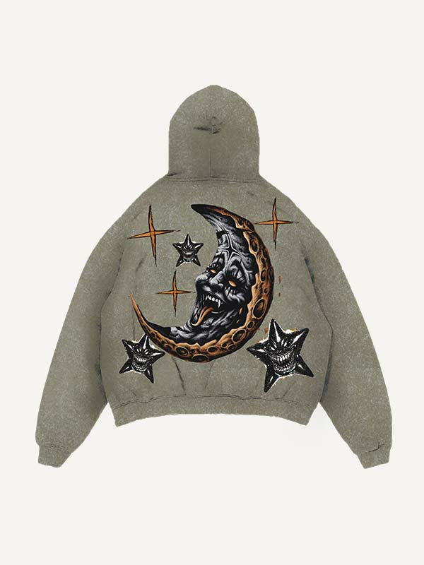 Sudadera con capucha y bolsillos inclinados con estampado de luna, sol, nubes y estrellas malvadas y desgastada 