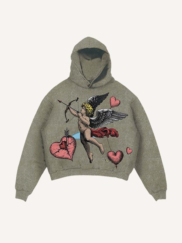 Sudadera con capucha y bolsillos inclinados con estampado de Cupido y Corazón desgastado y lavado 