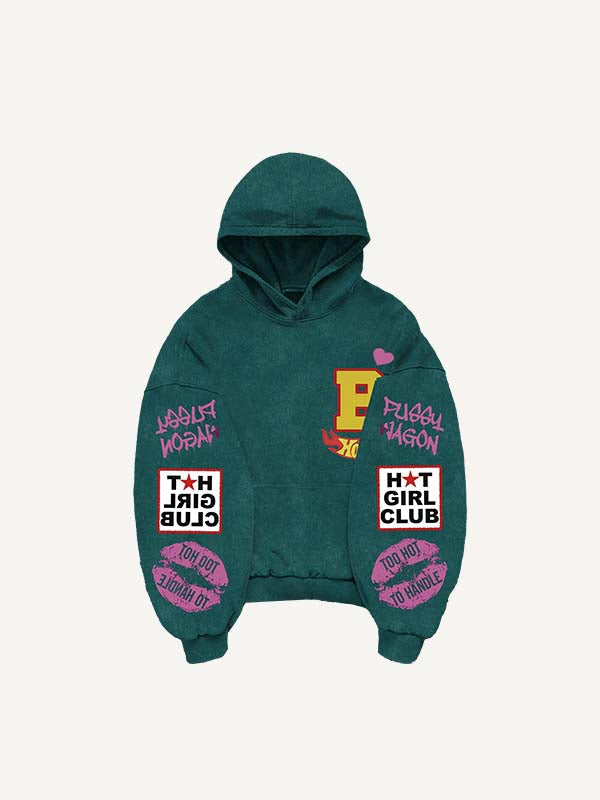 Sudadera con capucha y bolsillos inclinados con estampado de calcomanías falsas de figura, labios, corazón y letras 