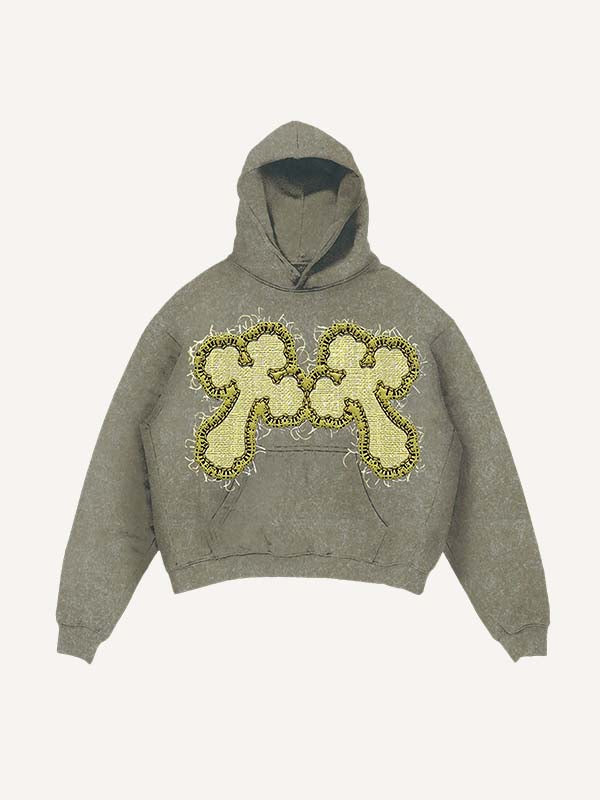 Sudadera con capucha y bolsillos inclinados con estampado de cruz y calavera lavada y desgastada