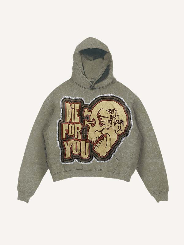 Sudadera con capucha desgastada, lavado y con estampado de calavera falsa "Die For You" y bolsillos inclinados 