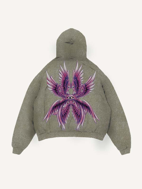 Sudadera con capucha y bolsillos inclinados con estampado desgastado de ojos y alas 