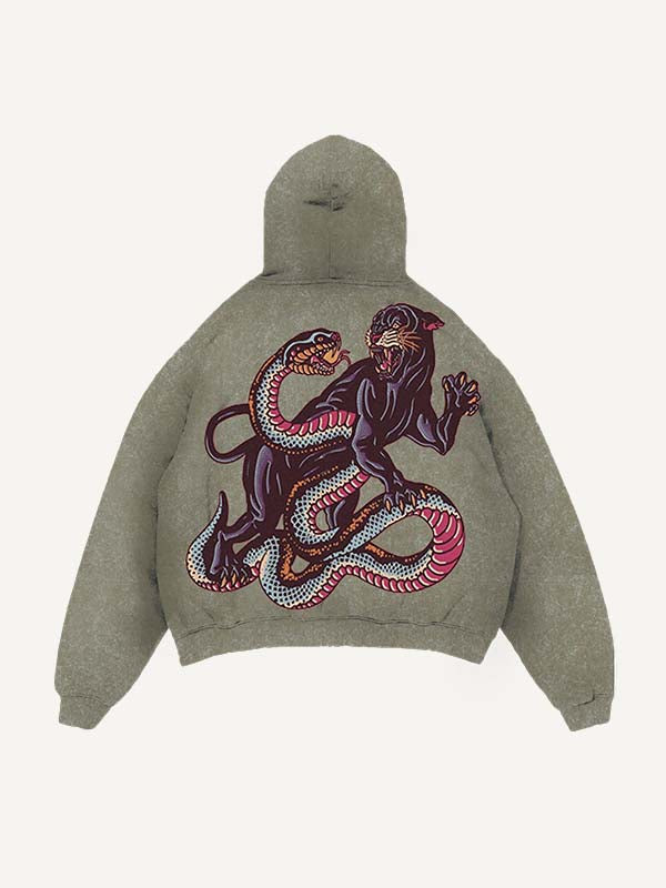 Sudadera con capucha y bolsillos inclinados con estampado de tigre, serpiente y pantera desgastado y lavado