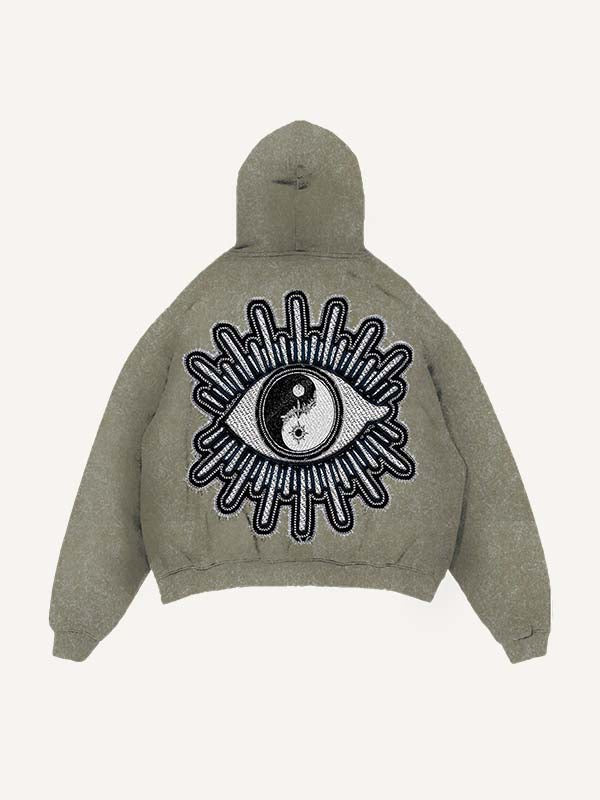 Sudadera con capucha y bolsillos inclinados con estampado gráfico de sol, luna, estrella y ojos, desgastada y lavada 