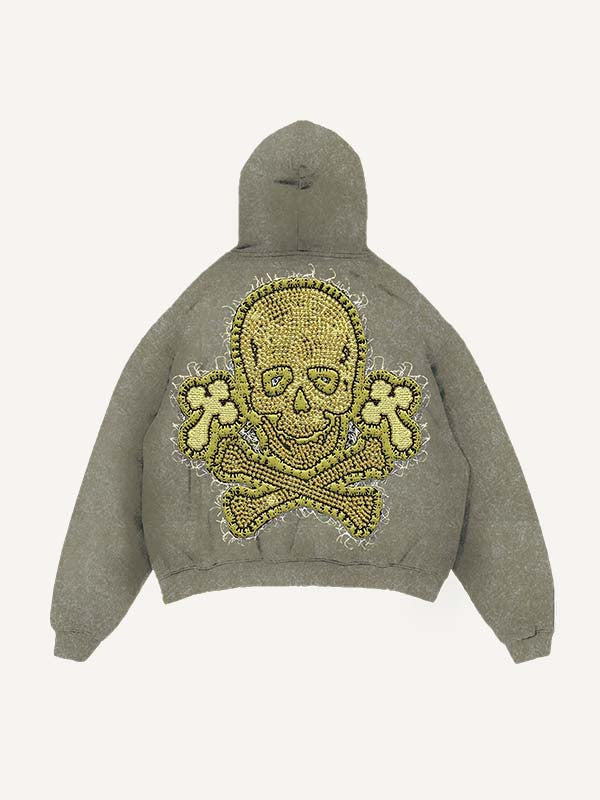 Sudadera con capucha y bolsillos inclinados con estampado de cruz y calavera lavada y desgastada