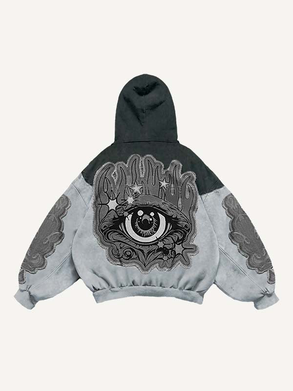 Sudadera con capucha y bolsillos inclinados con estampado de calcomanías falsas de ojos en bloques de color 