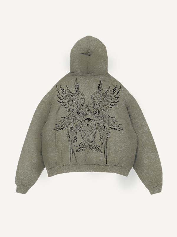 Sudadera con capucha desgastada, lavada, con estampado gráfico de alas, ojos, lágrimas y bolsillos inclinados 