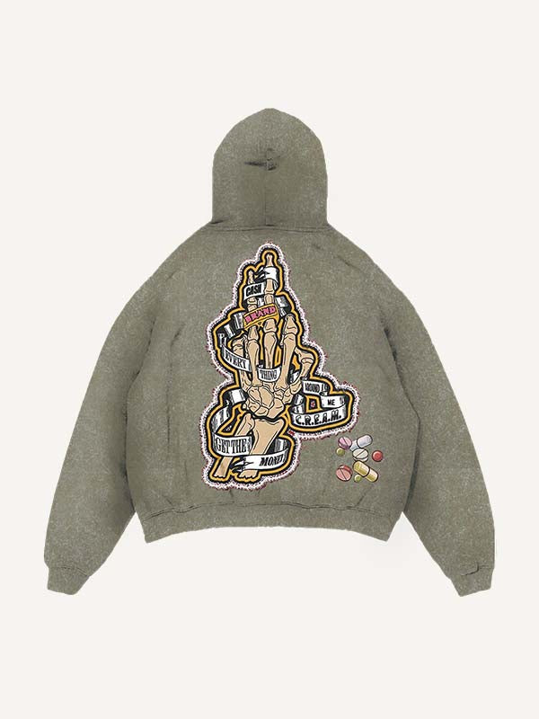 Sudadera con capucha y bolsillos inclinados, desgastada, con estampado de esqueleto inyectable, medicina y letras falsas 
