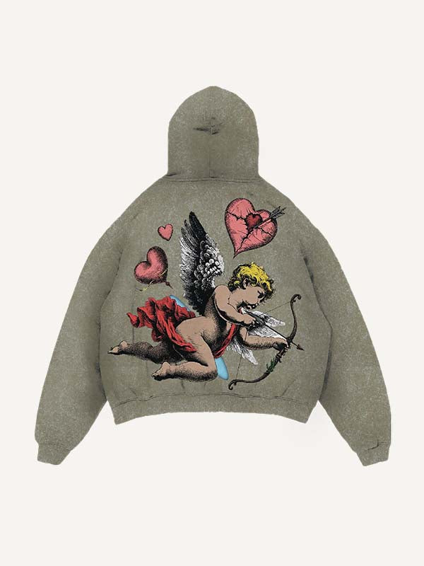 Sudadera con capucha y bolsillos inclinados con estampado de Cupido y Corazón desgastado y lavado 