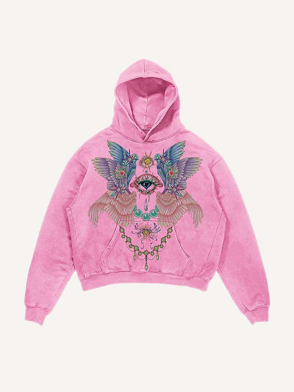Sudadera con capucha y bolsillos inclinados con estampado desgastado de ojos y alas 