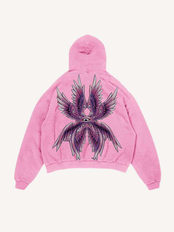 Sudadera con capucha y bolsillos inclinados con estampado desgastado de ojos y alas 