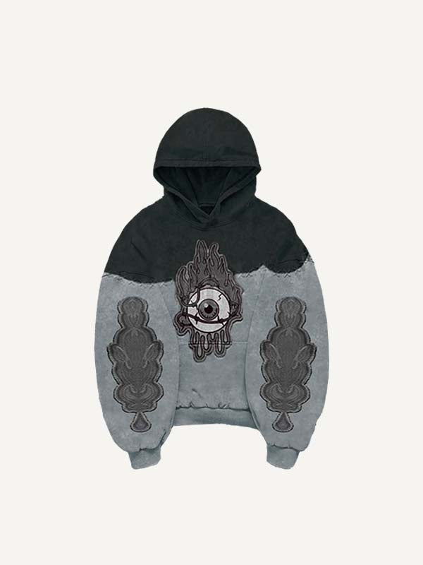 Sudadera con capucha y bolsillos inclinados con estampado de calcomanías falsas de ojos en bloques de color 