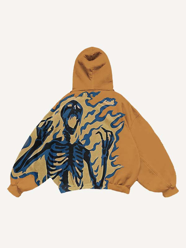 Fire Skeleton Print Slant Pockets Hoodie