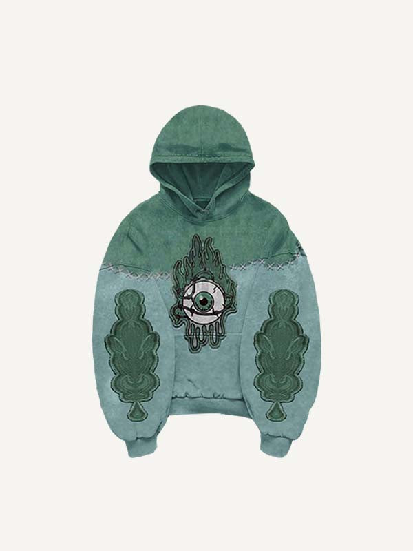 Sudadera con capucha y bolsillos inclinados con estampado de calcomanías falsas de ojos en bloques de color 