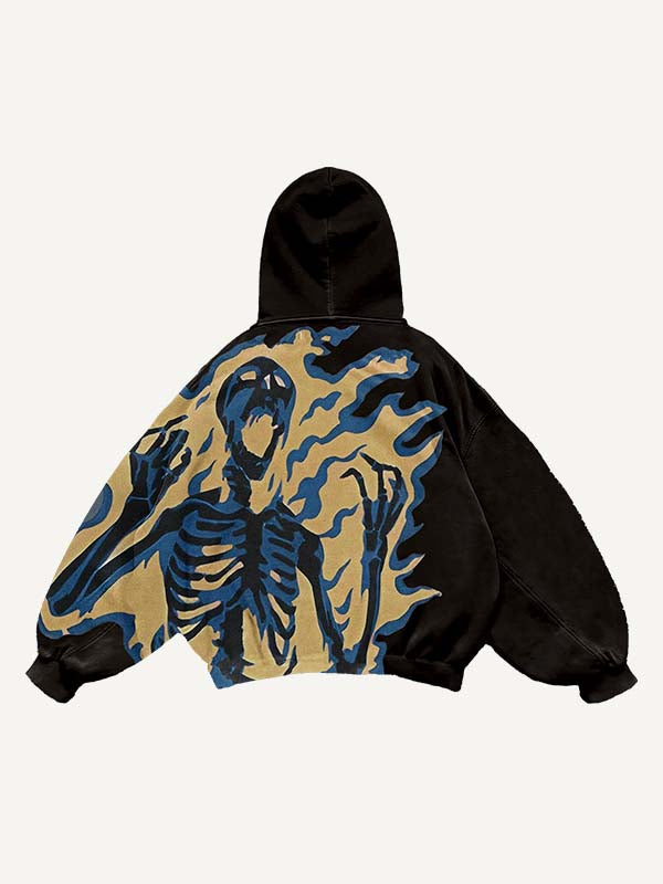 Fire Skeleton Print Slant Pockets Hoodie