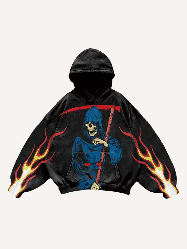 Death Skeleton&Fire Print Slant Pockets Hoodie