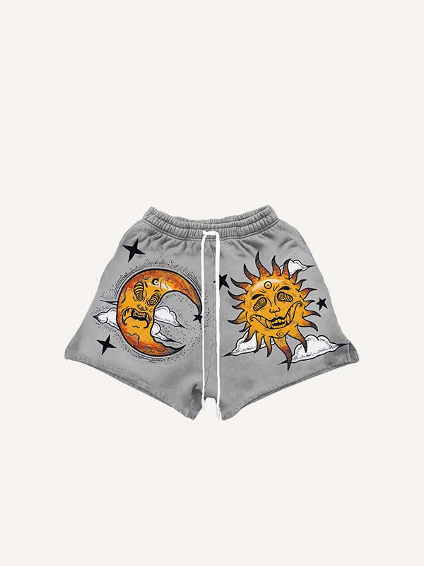 Pantalones cortos con cordón en la cintura y estampado gráfico de sol, luna y ojos malvados