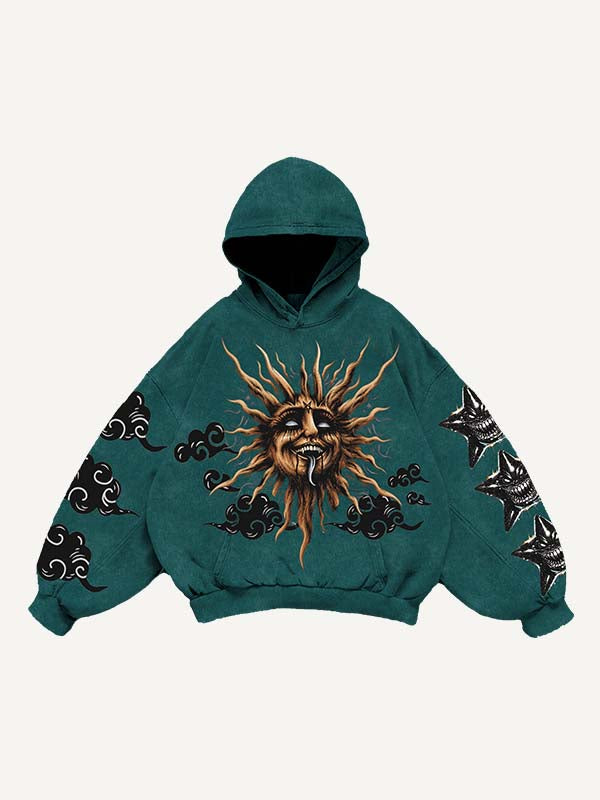 Sudadera con capucha y bolsillos inclinados con estampado de luna, sol, nubes y estrellas malvadas 