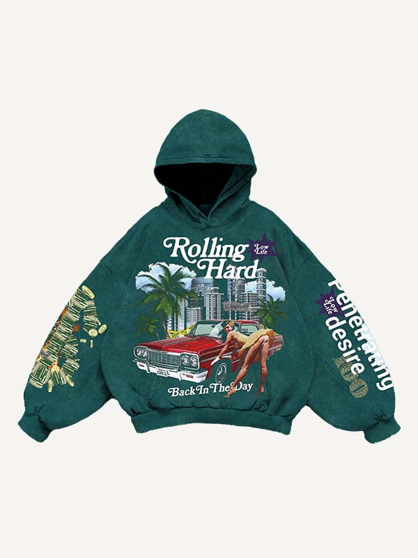 Sudadera con capucha y bolsillos inclinados con estampado de figuras, ciudades, gráficos, dinero y letras 