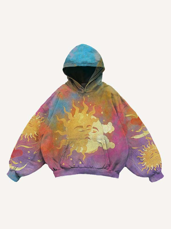 Sudadera con capucha y bolsillos inclinados con estampado de figura, corazón, sol, luna y nubes 