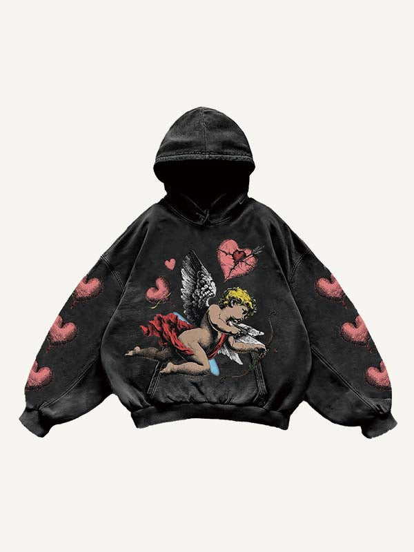 Cupid&Heart Print Slant Pockets Hoodie
