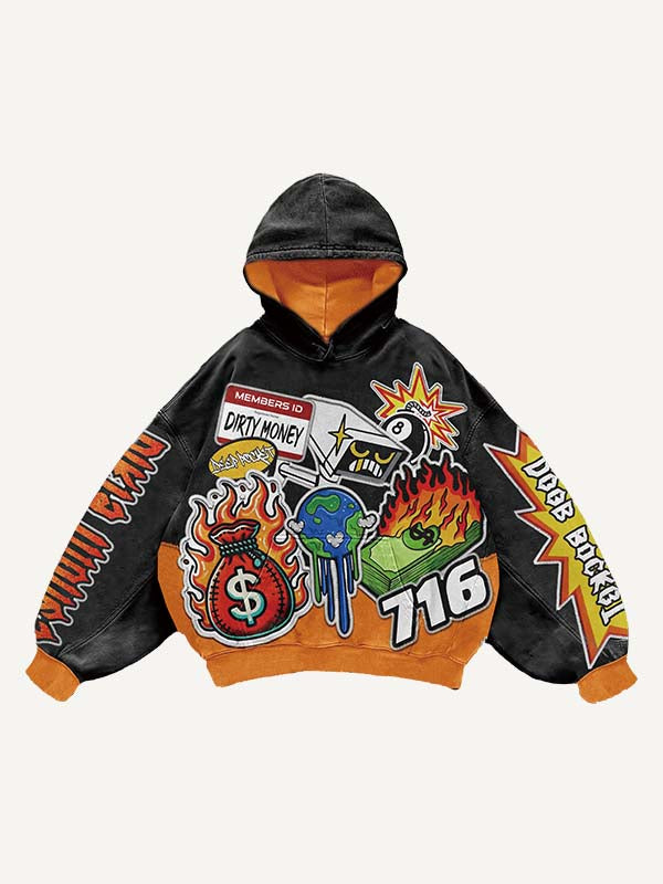 Sudadera con capucha y bolsillos inclinados con estampado de letras, gráficos y calcomanías falsas en bloques de color, fuego y dinero 
