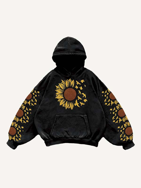Floral&Pigeon Print Slant Pockets Hoodie