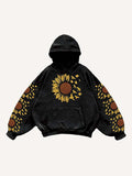 Floral&Pigeon Print Slant Pockets Hoodie