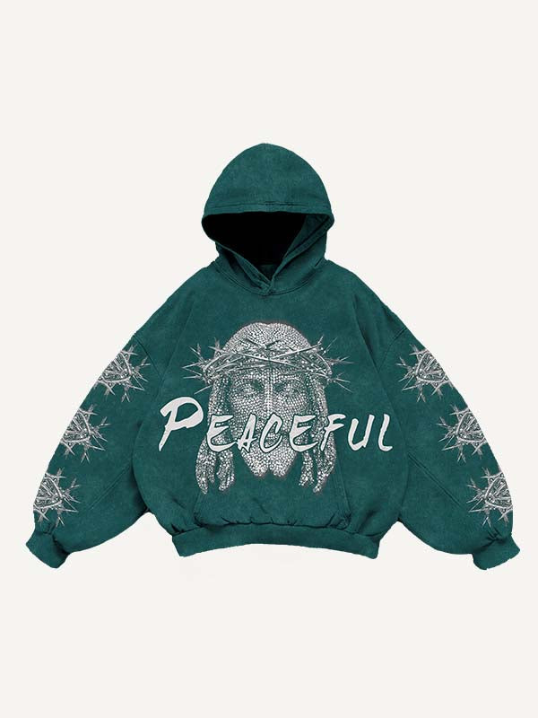 Jesus&Pigeon&Letter Faux Rhinestones Print Slant Pockets Hoodie