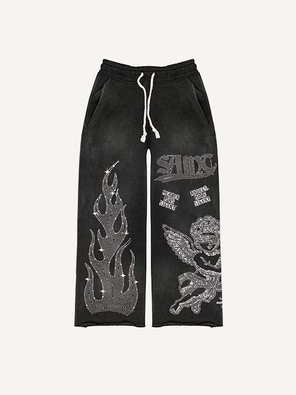 Pantalones con cintura elástica y estampado de pedrería sintética de ángel, fuego y letras 