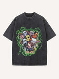Camiseta de cuello redondo con estampado de terror desgastado y lavado 