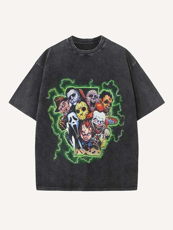 Camiseta de cuello redondo con estampado de terror desgastado y lavado 