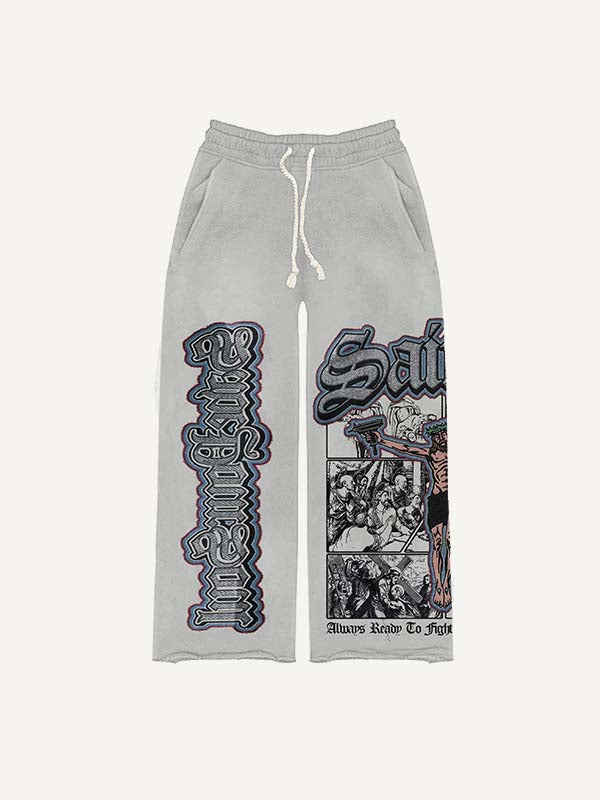 Figure&Gun&Letter Faux Decal Print Elastic Waist Pants