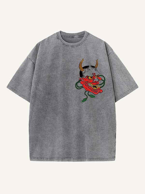 Camiseta de cuello redondo con estampado gráfico y figura lavada desgastada 