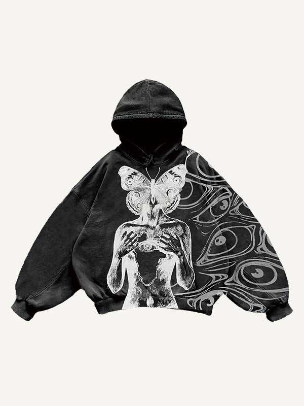 Sudadera con capucha y bolsillos inclinados con estampado de figura, ojos y mariposas