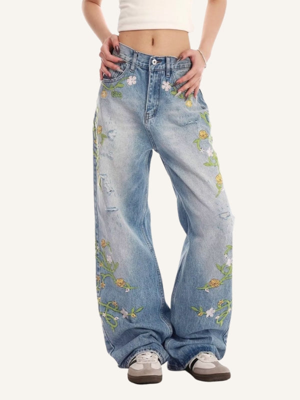 Floral Embroidered Straight Jeans