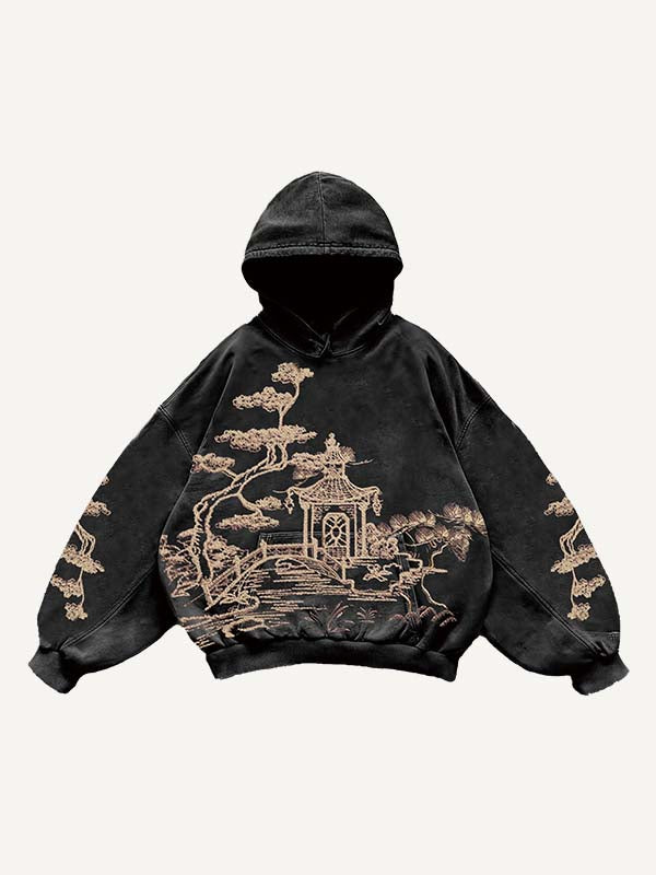 Sudadera con capucha y bolsillos inclinados con estampado gráfico de calcomanías falsas 