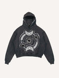Sudadera con capucha y bolsillos inclinados con estampado gráfico de sol, luna, estrella y ojos, desgastada y lavada 