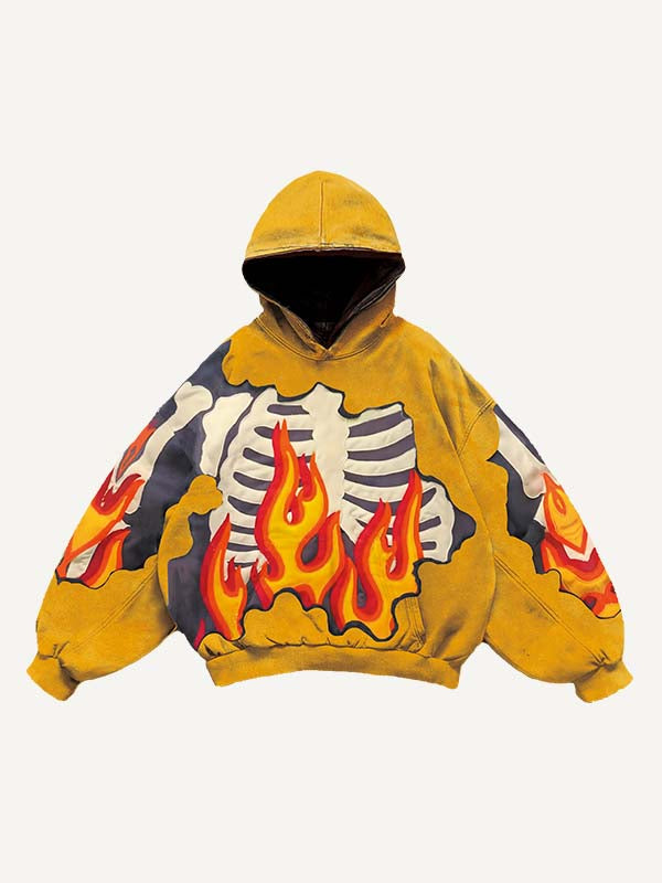 Fire&Skeleton Faux Decal Print Slant Pockets Hoodie