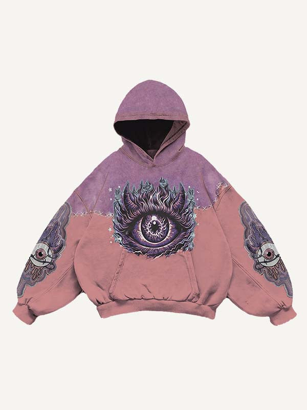 Sudadera con capucha y bolsillos inclinados con estampado de ojo de demonio y globo ocular en bloques de color 