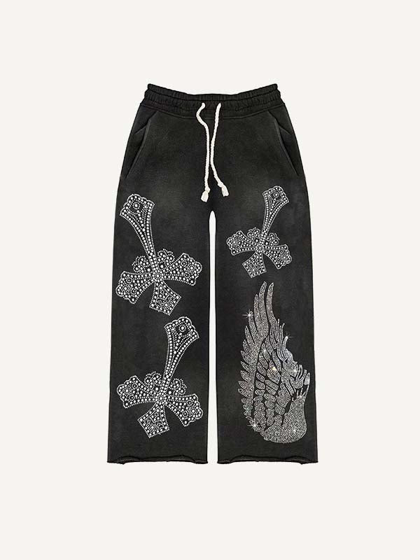 Cross&Wing Faux Rhinestones Print Elastic Waist Pants
