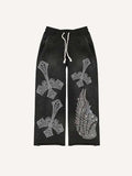 Cross&Wing Faux Rhinestones Print Elastic Waist Pants